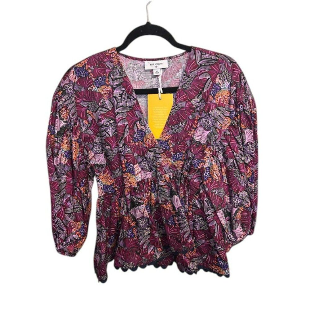 Women's Floral Peplum Blouse – Boho Puff Sleeve Top, Purple Multi Print